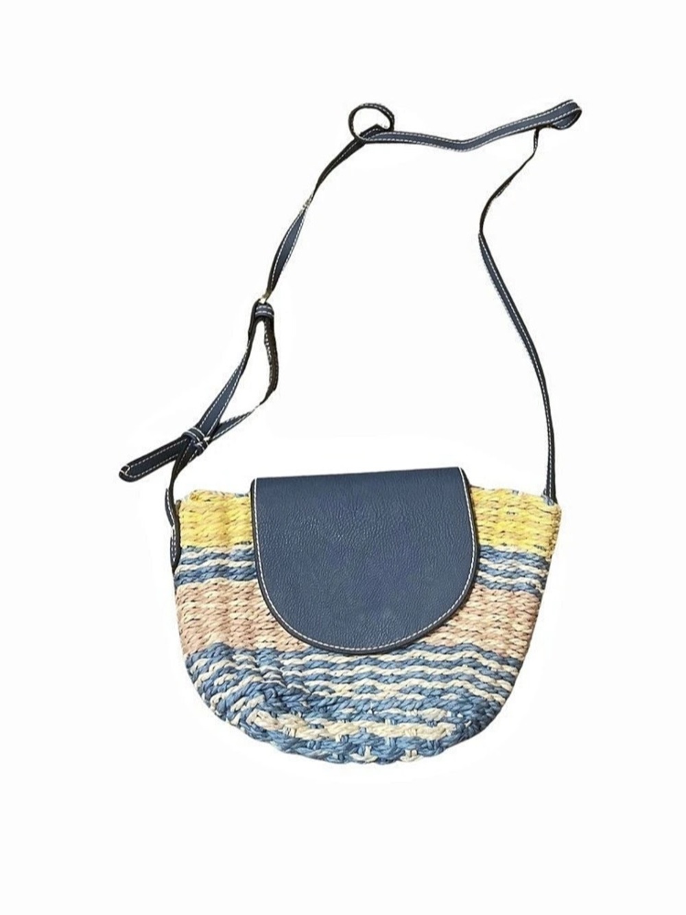Universal Thread Crossbody Bag - Blue & Yellow Woven Straw Design